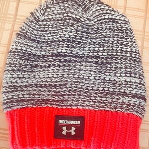 Under Armour Black and White Knit Beanie with Red Cuff